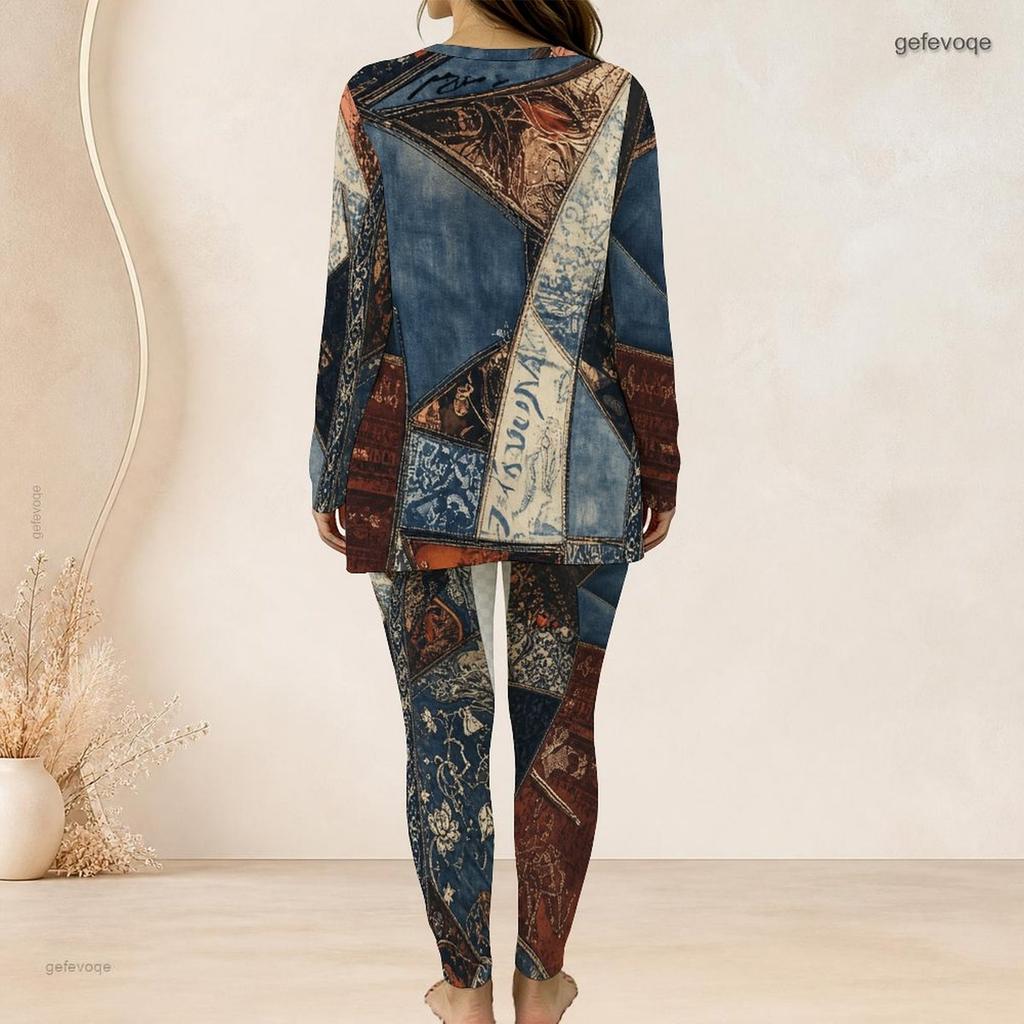 Women Plus Size Printed Two Piece Set Round Neck Long Sleeve Side Slit Long Top Fitted Pants