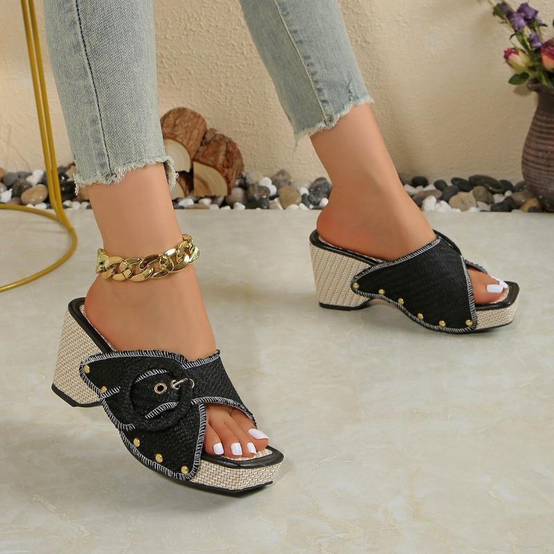 Women's Summer Wedge Thick-Soled Studded Slide Sandals, Comfortable Versatile Casual Footwear, Available In Large Sizes.