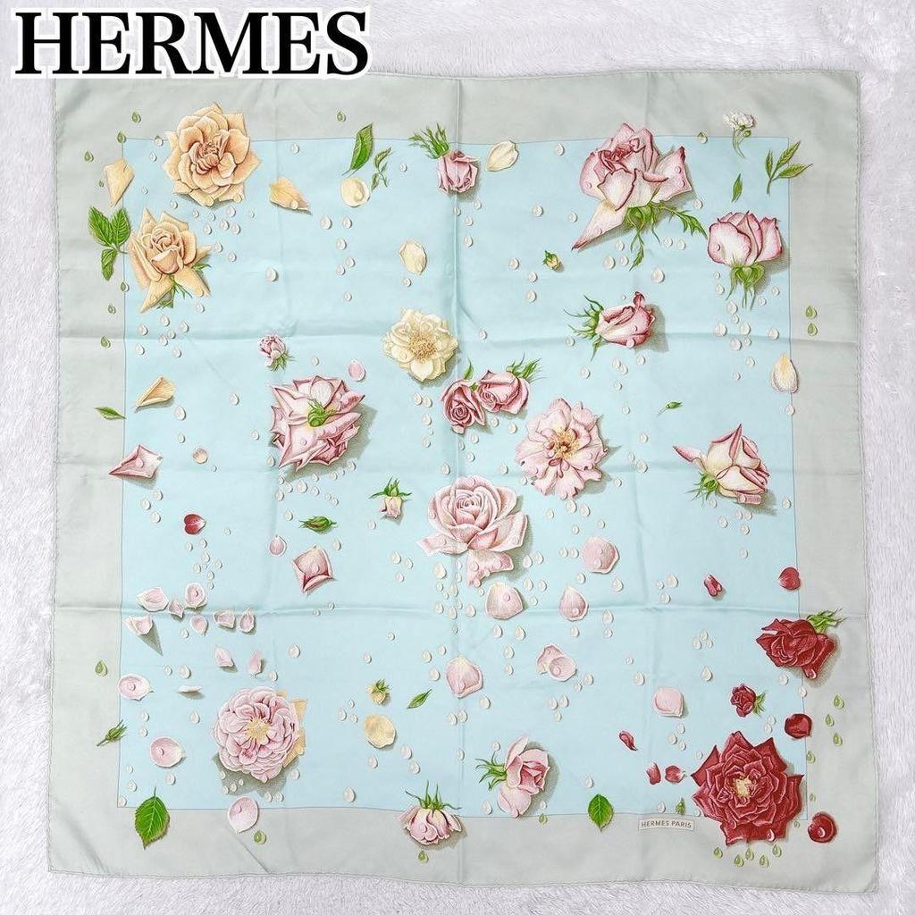 Used HERMES Hermes Carre 90 Rose de Roses Rose Drop Silk Scarf