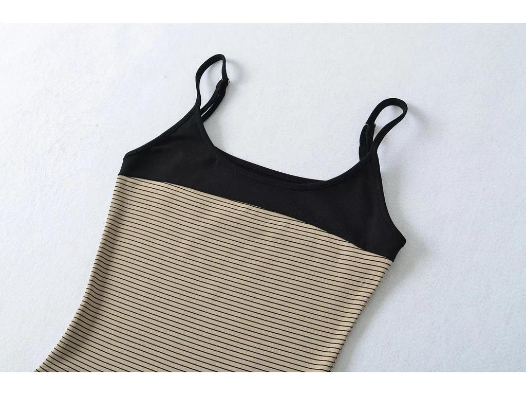 Koreanisches Farbblock-Streifen-Camisole & Hose mit Kordelzug und Schlag