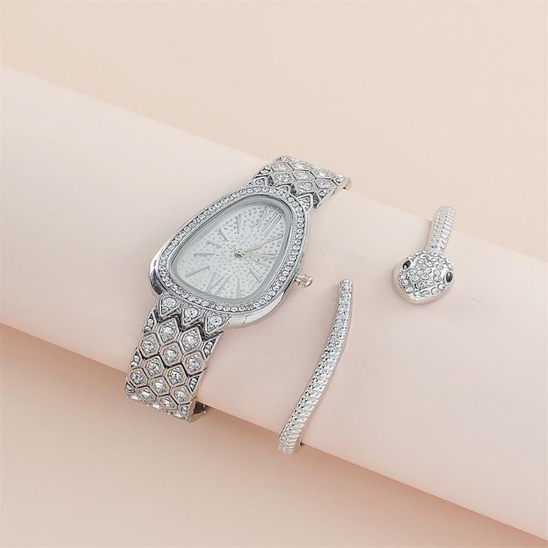 2pcs/set Women Quartz Snake Rhinestone Watch Bracelet Wristwatches