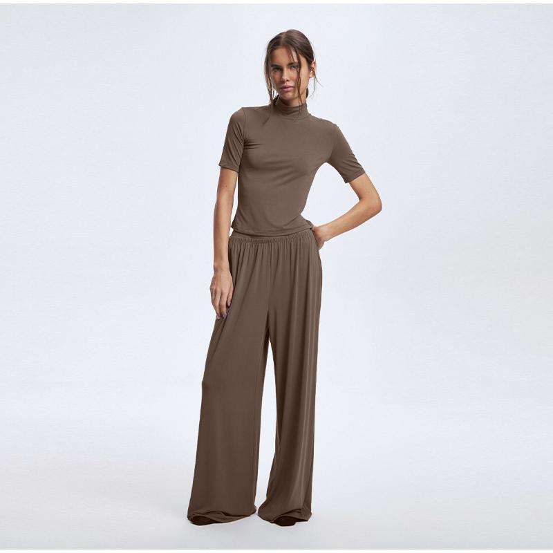 

2025 Мягкие Свободные Комплекты Женские Повседневные Двойки Футболки с Коротким Рукавом и Брюки с Высокой Посадкой Наряды Спортивный Костюм L верблюд