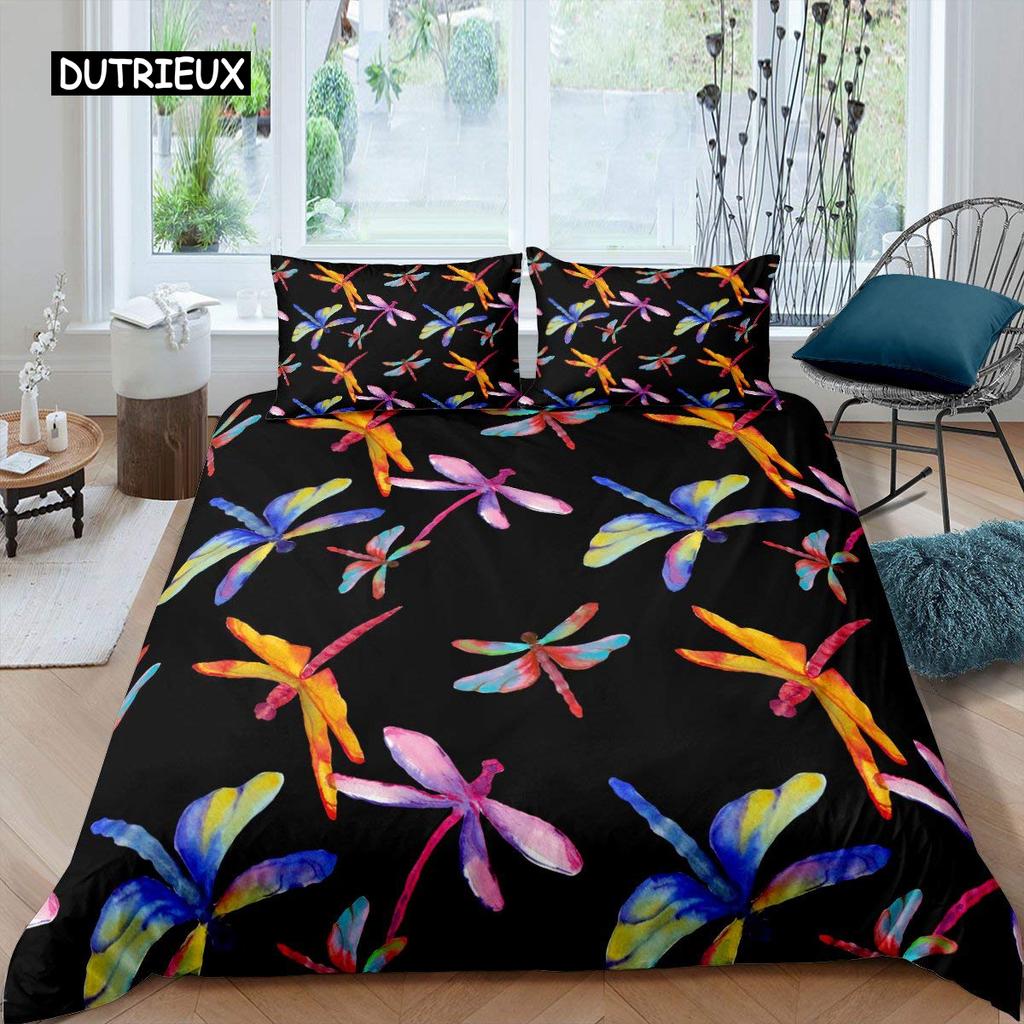 Dragonfly Duvet Cover Set King Size Colorful Wing Bedding Set for Kids Teens Adult Forset Wild Animal Theme 2/3pcs Quilt Cover