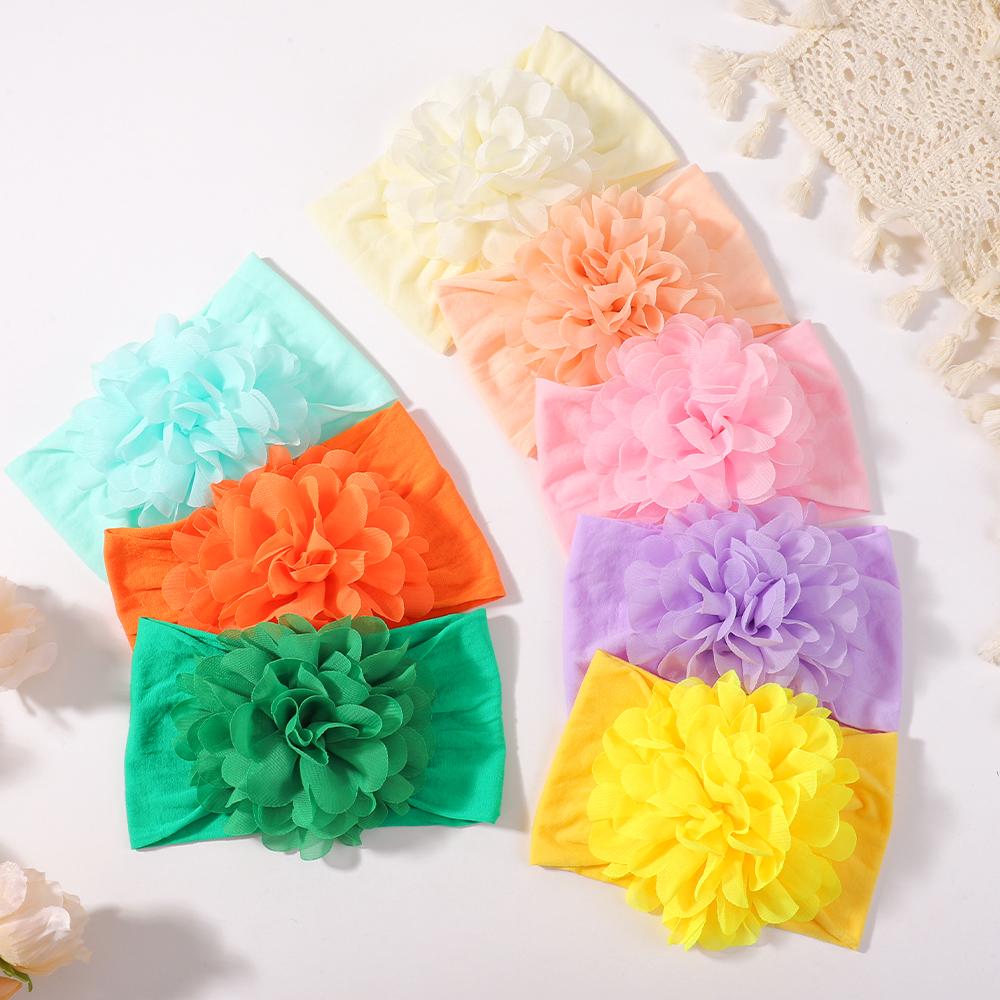 30Pcs Random Baby Soild Color Big Chiffon Flower Headband Children Toddle Wide Turban Elastic Nylon Headwear Hair Accessories
