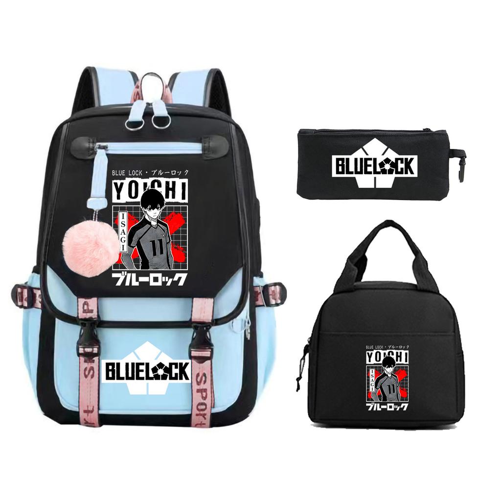 Blue Prison Student School Bag Children'S Meal Bag Casual Pencil Bag Three-Piece Set