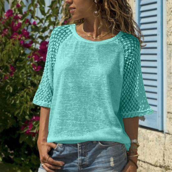 Damen Oberteile Leicht Atmungsaktiv Netzärmel Patchwork-Design Lockere Passform Rundhalsausschnitt 46085 Ärmel