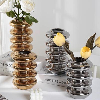 Gold-plated Silver Ceramic Vase Light Luxury Style Circle Vase Ornaments Hydroponic Flower Arrangement Accessories Ceramic Vase