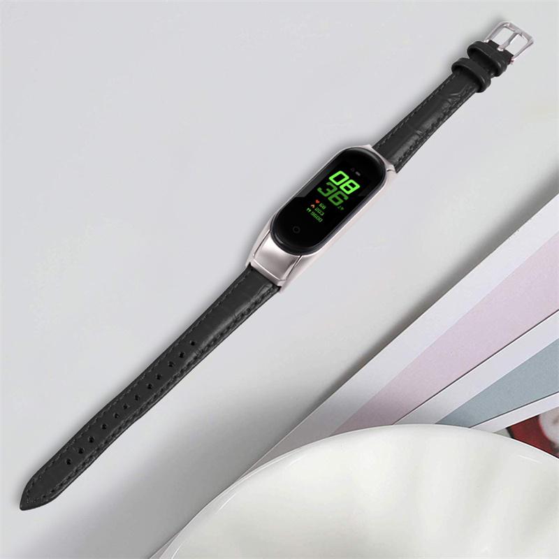 

For Xiaomi Mi Band 7 Buckle Design Top Layer Cowhide Leather Bamboo Grain Adjustable Watch Band with Silver Protective Cover Brown