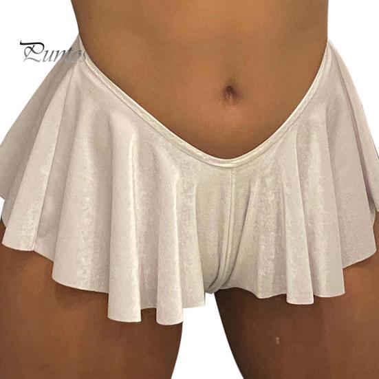 Women Shorts V-shaped Low Waist Ultra Short Pleated Solid Color Patchwork Elastic Soft Summer Lady Party Club Mini Skirt