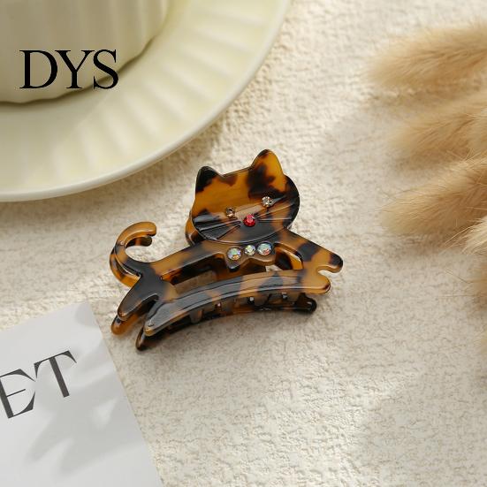 Hair Clip Women Claw Cat Shape Shiny Rhinestones Inlaid Plastic Anti-slip Teeth Back Head Shark Clamp Accessory