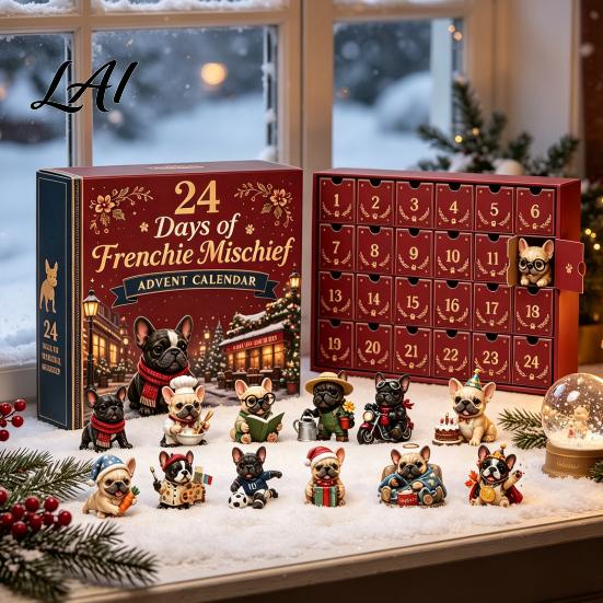 French Bulldog Advent Calendar Calendar 24-Day Christmas Countdown Acrylic Ornament Collectible Frenchie Puppy Figurines Figurine Hanging Decor for