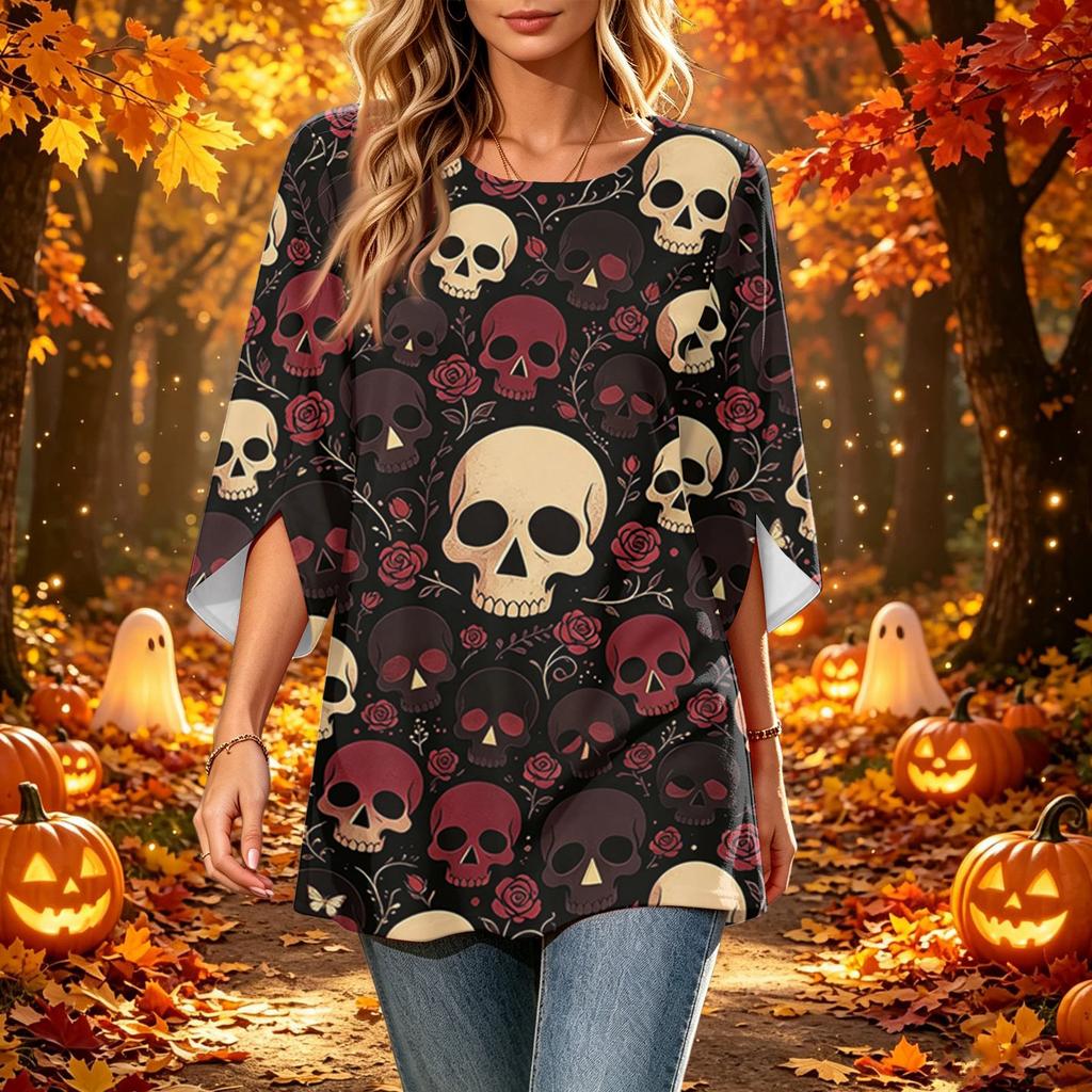 Women's Casual Loose Fit Three-Quarter Sleeve Neck Top with Halloween Print