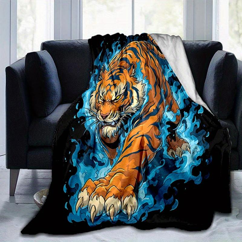 1pc Blue Flame Tiger Blanket Soft and Warm Home Decor Gift for All Seasons Perfect for Couch, Living Room, Travel, Camping, Car Blankets