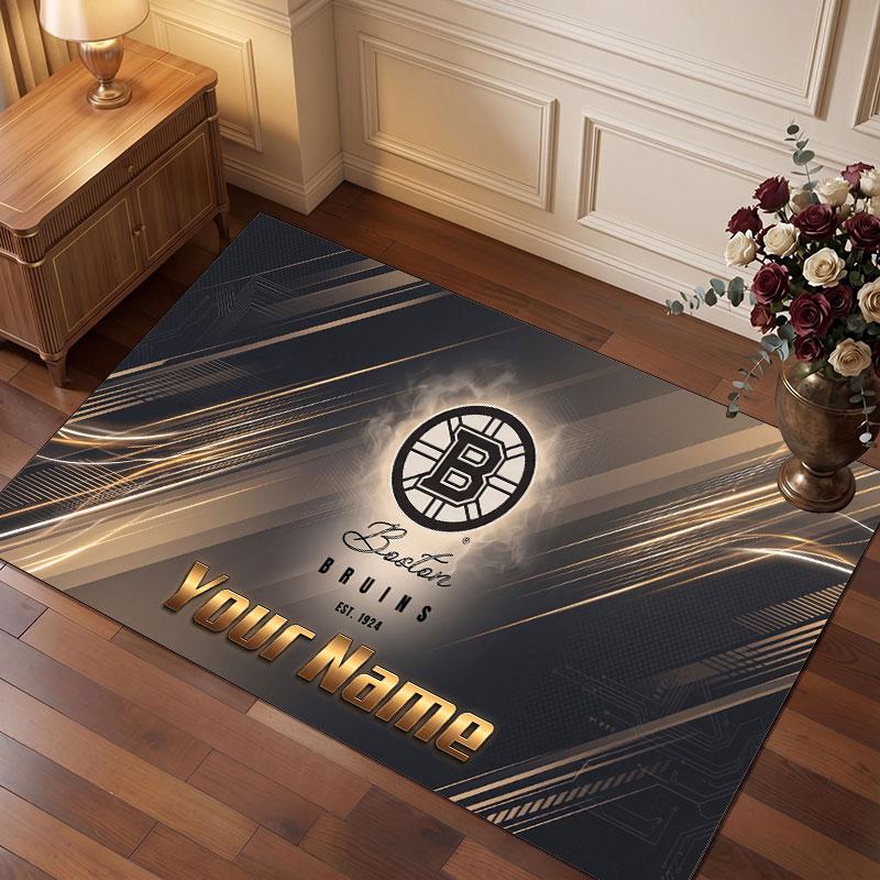 Tappeto in Cristallo Vellutato Personalizzato Boston Bruins, Tappeto Morbido Antiscivolo con Testo Nome Personalizzato per Soggiorno Camera da Letto