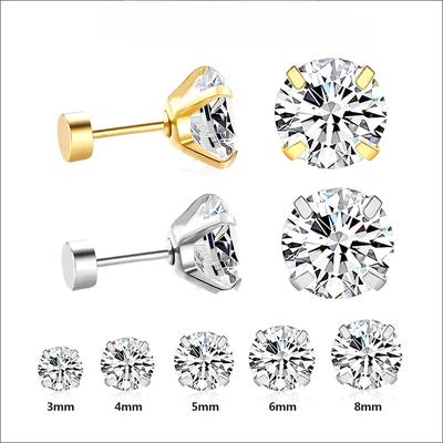 2Pairs Stainless Steel Crystal Studs Earrings for Women Men 4 Prong Tragus Round Clear Cubic Zirconia Ear Jewelry