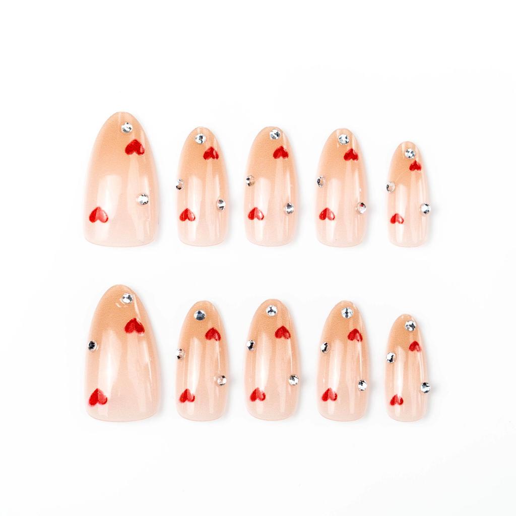 30pcs Valentine's Day Heart Rhinestone Fake Nails - Sweet, Cute, Handmade Wearable Tips