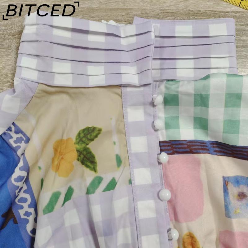 BITCED Women's Spring Elegant Commuter Print Lantern Sleeve Waist-cinched Full-skirted Dress