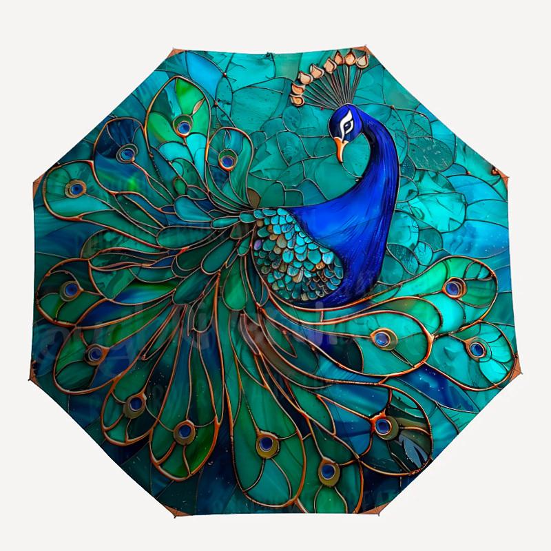 

1pc Peacock Feather Compact Travel Umbrella, Automatic Folding Lightweight Windproof 8-Bone Reinforced Design, Portable for Backpack Durable