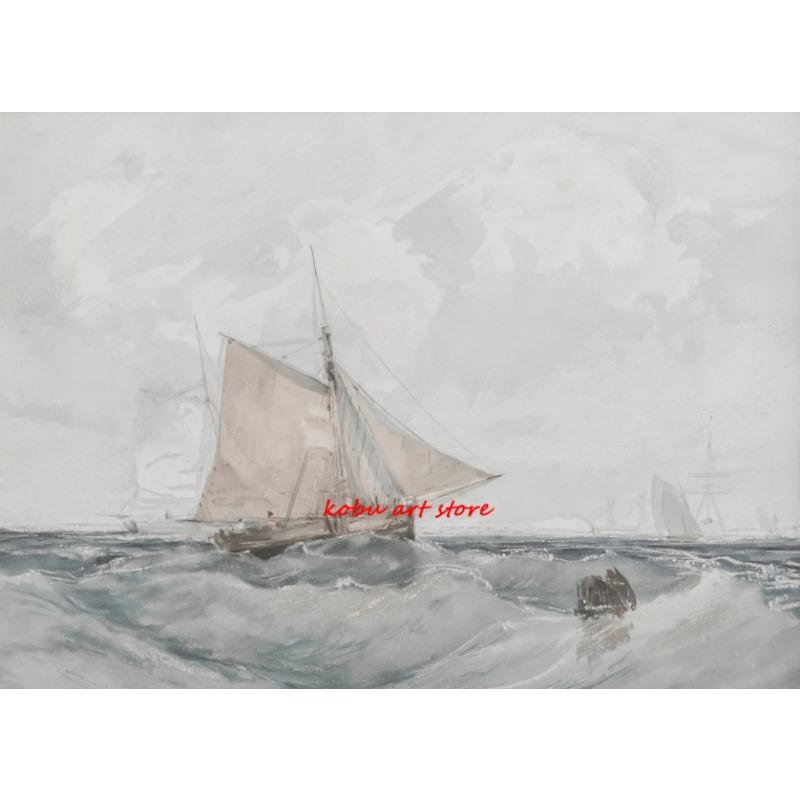 Vintage Neutral Sailboat Print Antique Nautical Sketch Art Poster Coastal Seascape Wall Art Canvas Painting Lake House Decor