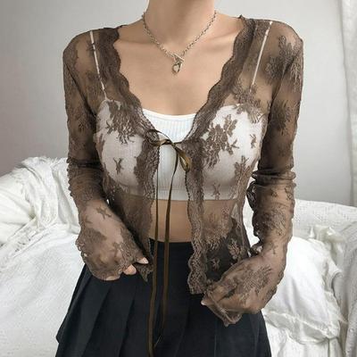 Women Sexy See Through Cardigans Y2K Long Sleeve Lace Mesh Vintage Lace Up Crop Tops Streetwear