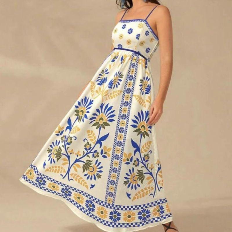 Printed Dress 2025 European and American Summer New Vacation Foreign Trade Women clothes Flowers Print Sling Dress