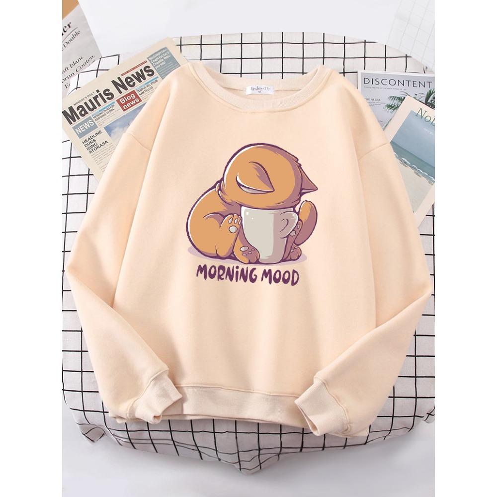 Cat Is Looking At The Cup Lovely Sweatshirt Female Fashion Fleece Hoody Crewneck Casual Hoodies Pullover Oversize