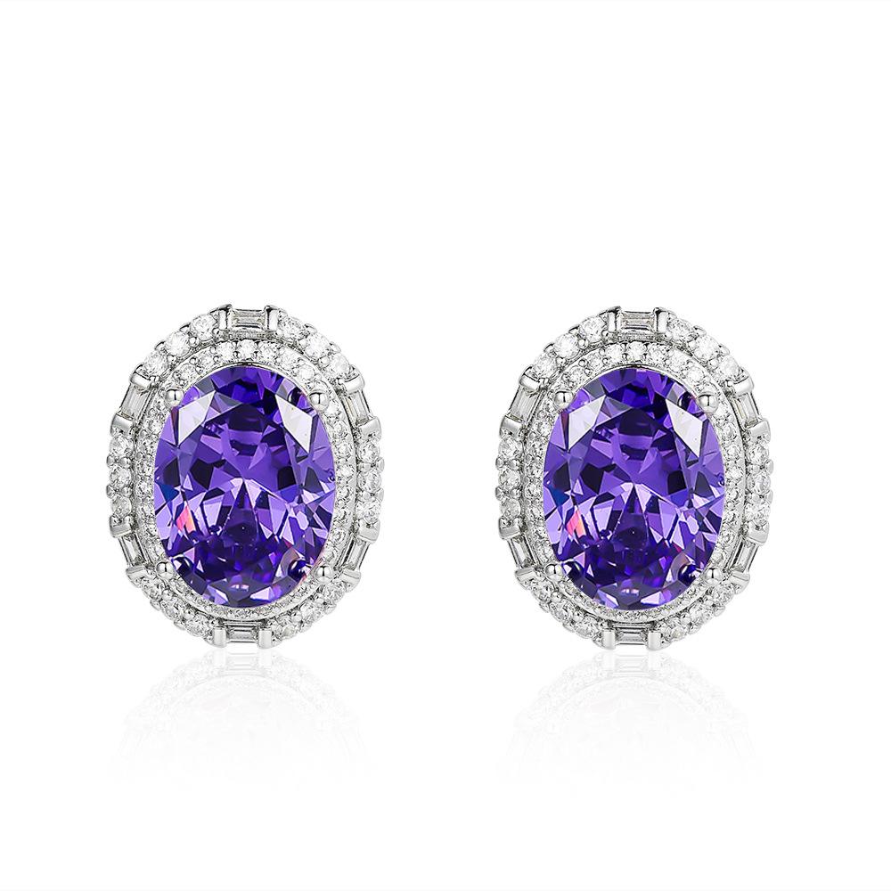 Color treasure set inlaid with oval zircon stud earrings, pompous luxury design earrings women