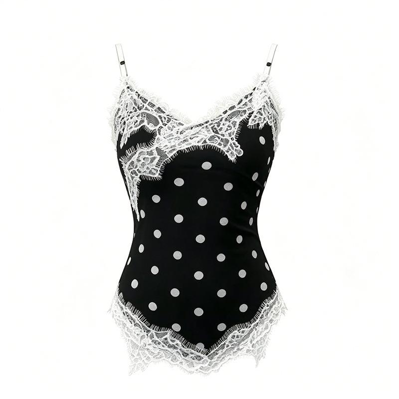 Lace Splicing Polka Dot V-Neck Sling Vest Women's Summer Design Sense Spice Girl Slim Skinny Outer Top