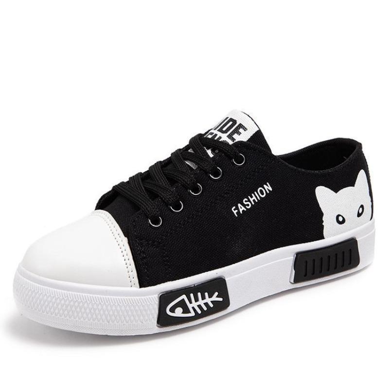 Fashion Size 34 40 Women Cartoon Cat Casual Shoes Comfortable Flat Vulcanize Shoes Fashion Lace-up Women's Sneakers Zapatos Para Mujer