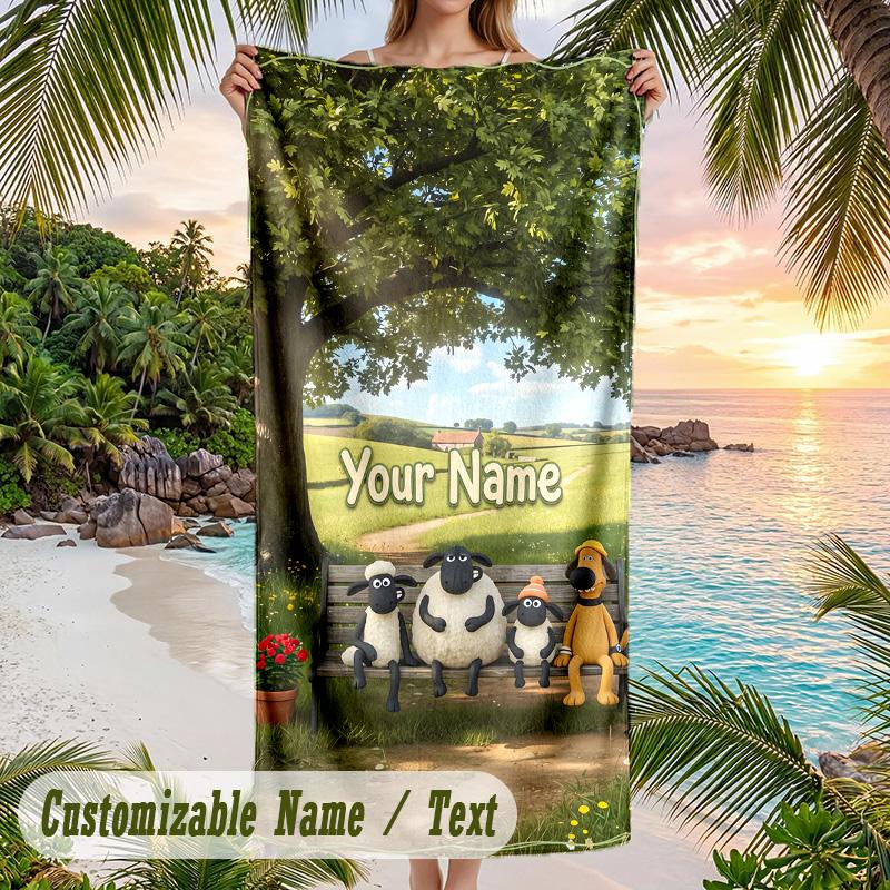 Shaun the Sheep Beach Towel, Personalized Custom Text, Quick Dry Soft Large Towel For Swimming Pool Travel