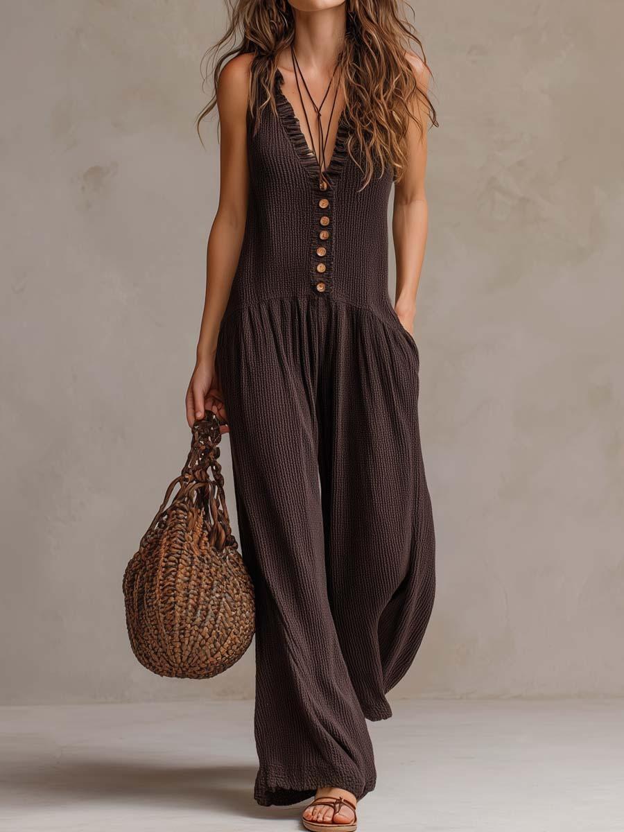 

Women Sleeveless Wide Leg Jumpsuit Button Front V Neck Casual Loose Fit Summer Romper with Adjustable Straps Pockets XL коричневый