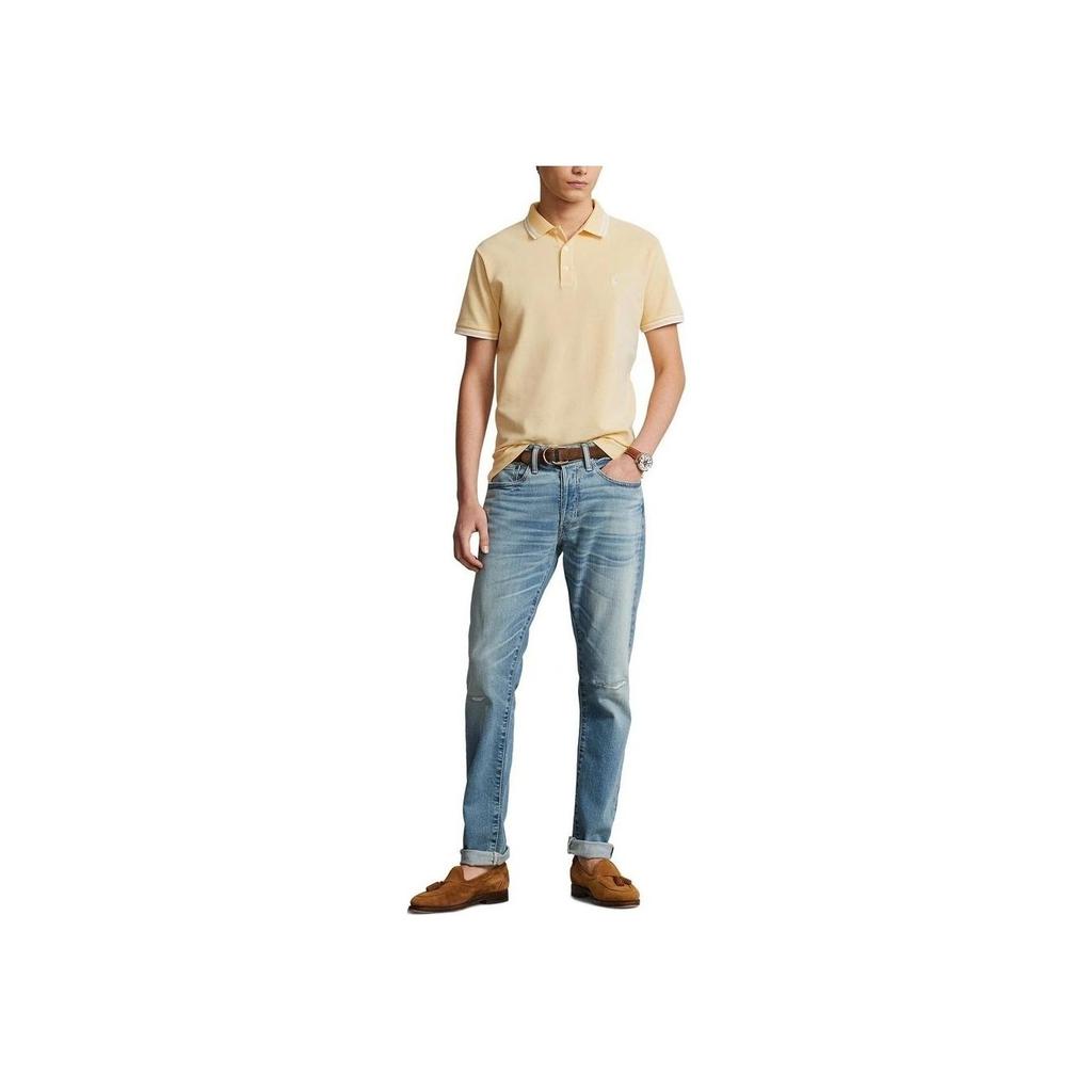 Polo Ralph Lauren Striped Trim Logo Embroidered Casual Short Sleeve Polo Shirt Men Tops Beige 710898948-005