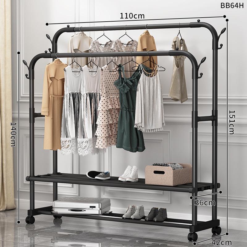 Minimalist Indoor Floor-Standing Coat Rack with Double Pole and Shelf for Bedroom or Balcony