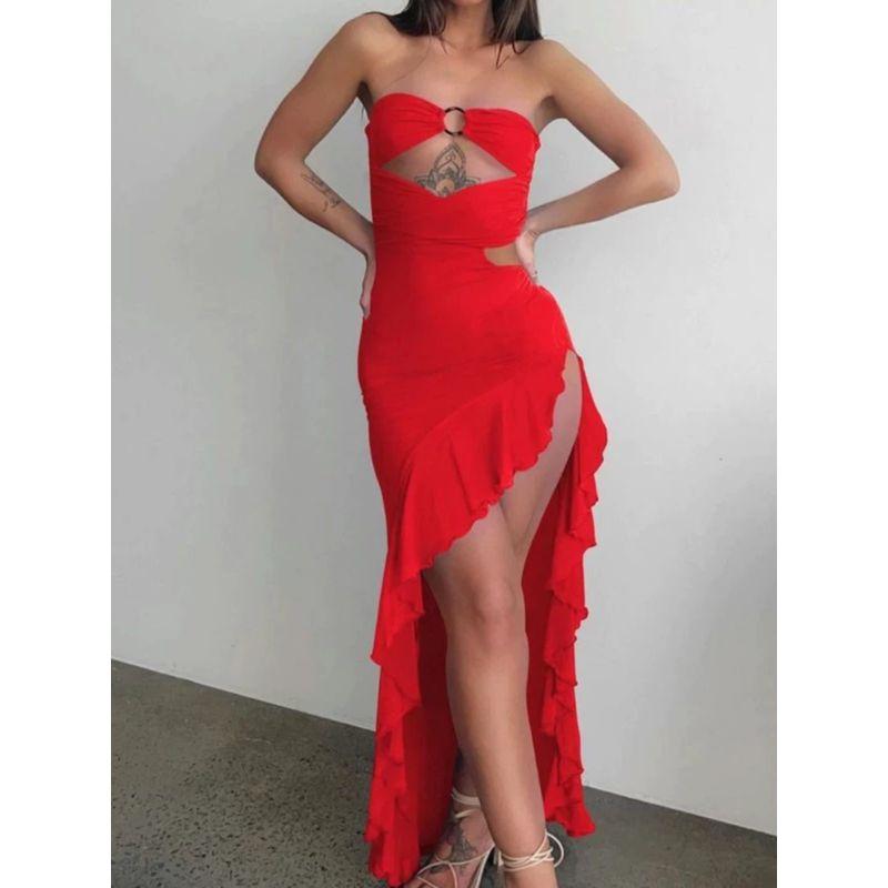 Fashion Style Women's Clothing 2024 Summer New Sexy Tube Top Irregular Slit Dress Export Women