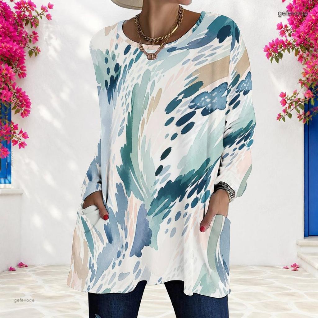 Women Plus Size Round Neck Long Sleeve Abstract Printed Loose Fit Longline T Shirt With Pockets