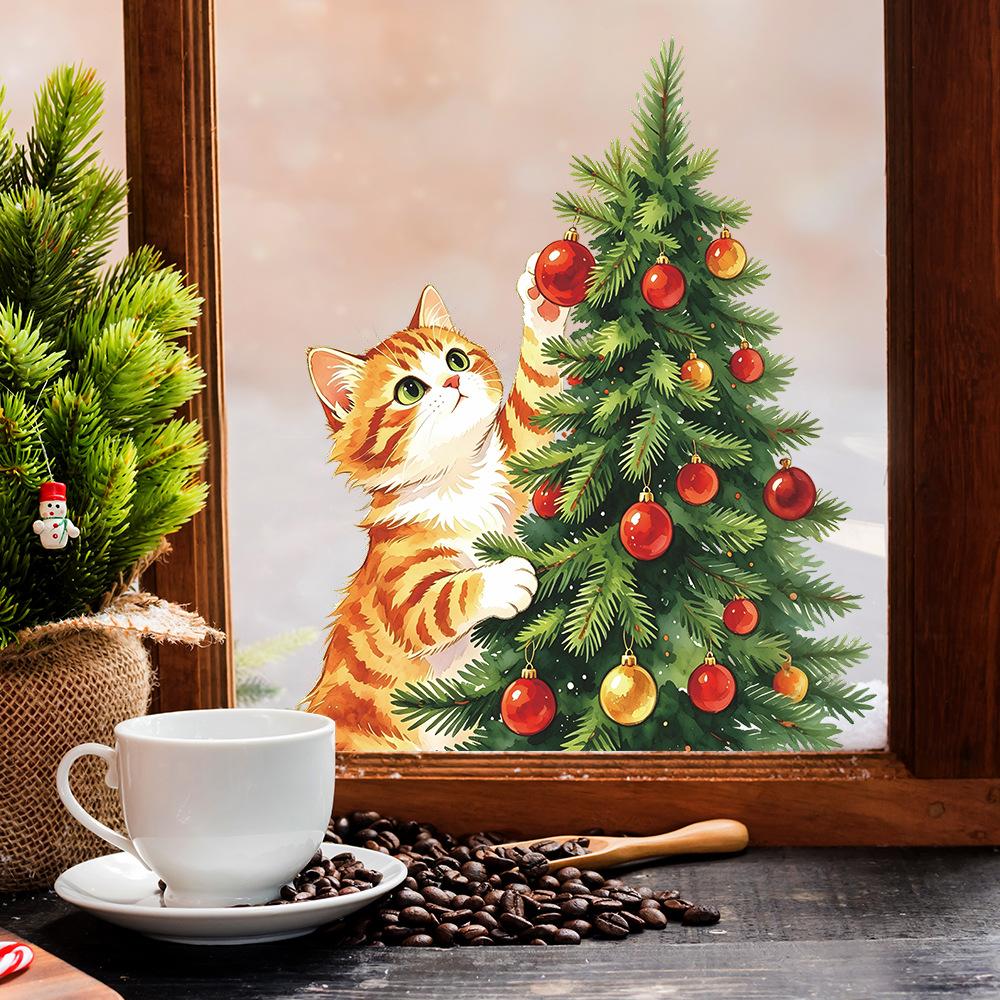 Cartoon Painted Cat Christmas Tree Glass Window Home Decoration and Beautification Window Stickers