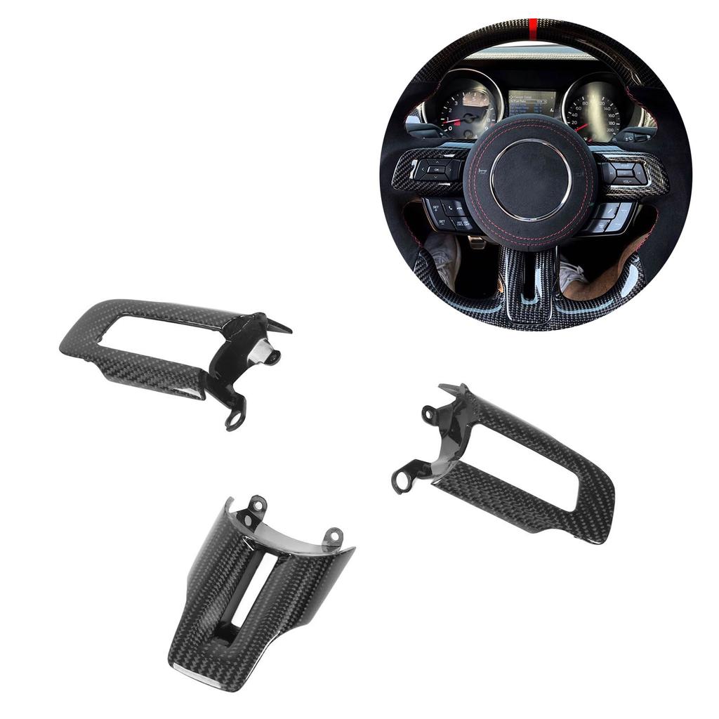 3pcs Gloss Carbon Fiber Car Steering Wheel Control Button Trim Cover Frame Replacement for Ford Mustang 2015-2022
