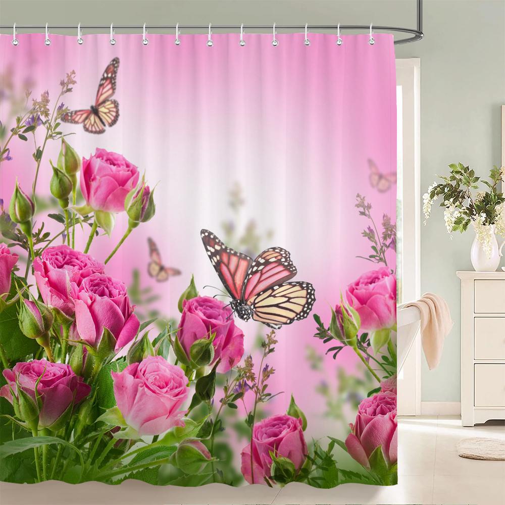 3d Tulip Fresh Flowers Shower Curtains Bathroom Waterproof Floral Bath Curtain Polyester Cloth With Hooks Decorative Bath Screen