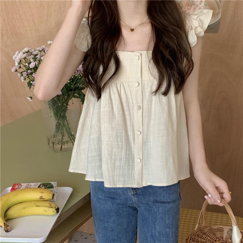 

Short-Sleeve Floral Chiffon Plaid Crop Top with Square Neckline - Summer 2024 Style Medium