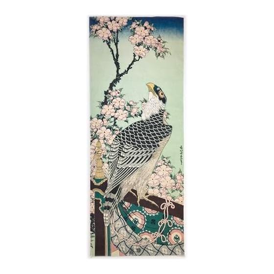 Ukiyo-e Tenugui (Hand Towel) - Cherry Blossoms and Hawk by Hokusai, 100% Cotton, Made in Japan, Tokka Fabric, Fine Threads, Detailed Pattern