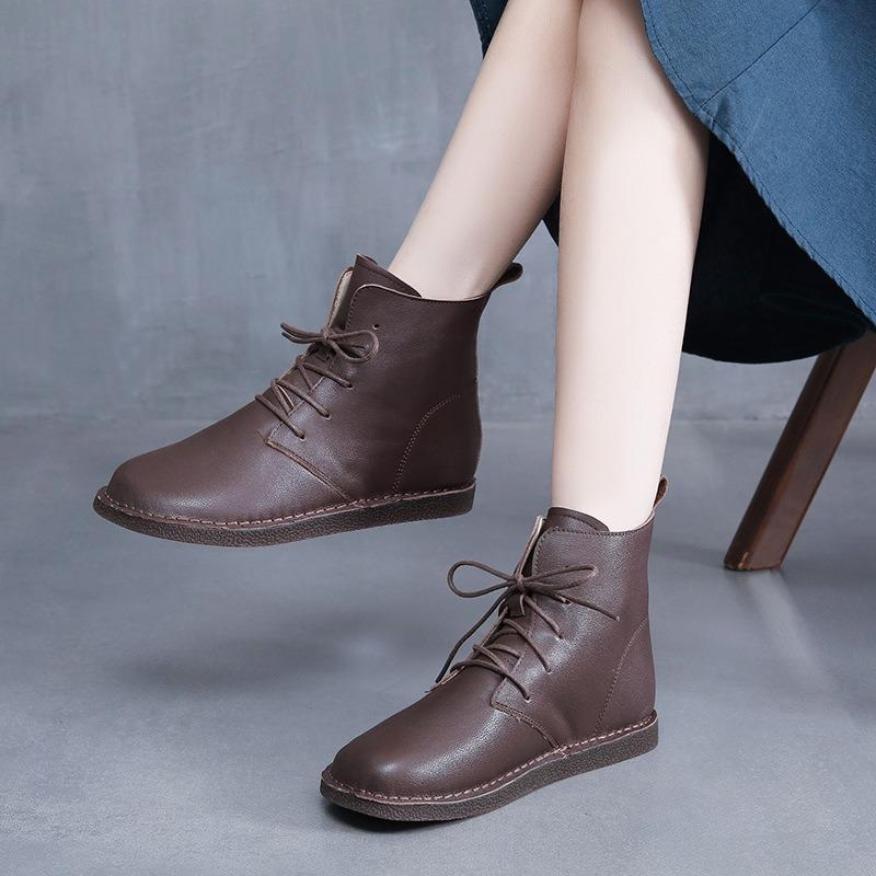 Handmade 100% Genuine Leather Short Boots Women's Flat Heel Big Head Boots Women Leisure Shoes Warm Women Boots