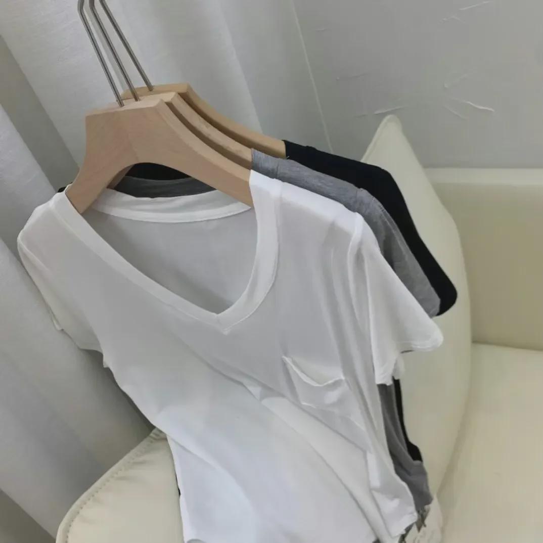 

Женская повседневная свободная футболка с V-образным вырезом из модального хлопка и драпировки - корейский стиль, средняя длина, короткие рукава, летний топ M (40-50 kg) белый