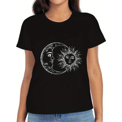 Sun Moon Print Crew Neck T-Shirt Casual Short Sleeve Top for Spring Summer T-Shirts Women’s
