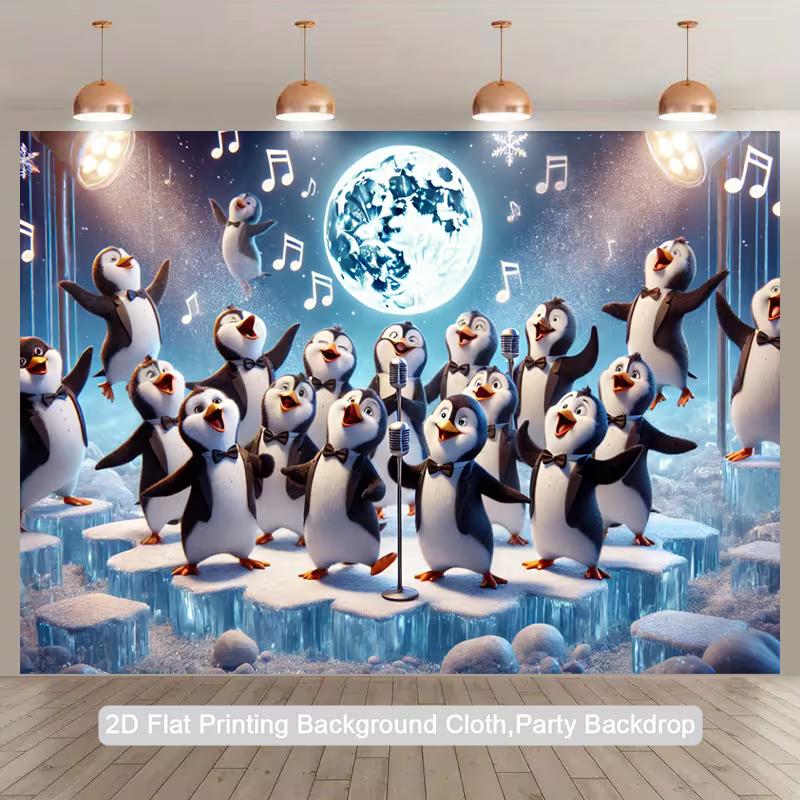 

2D Christmas Backdrop, Penguin Choir Performing on Ice Stages with Snowflakes and Moonlight Banner 47.2x31.5inch/120*80cm