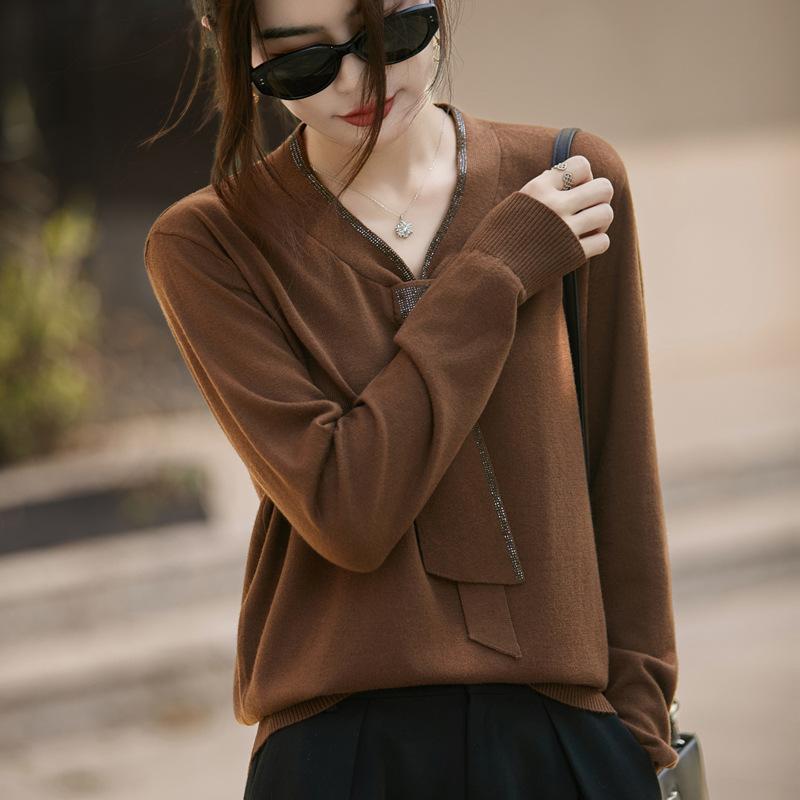 V Neck Knit Long Sleeve Loose Fit Pullover Top With Ribbon