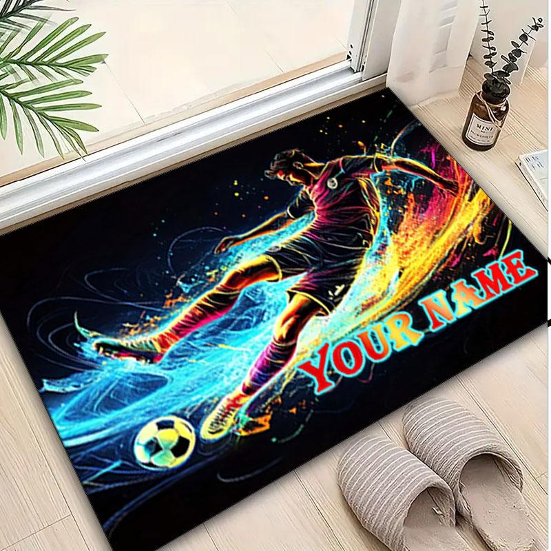 1PC Custom Name "Dynamic Soccer Artwork" Theme Floor Mat Ideal for Living Room, Game Rooms, Office, Bedroom,Floor Mat Playful Design