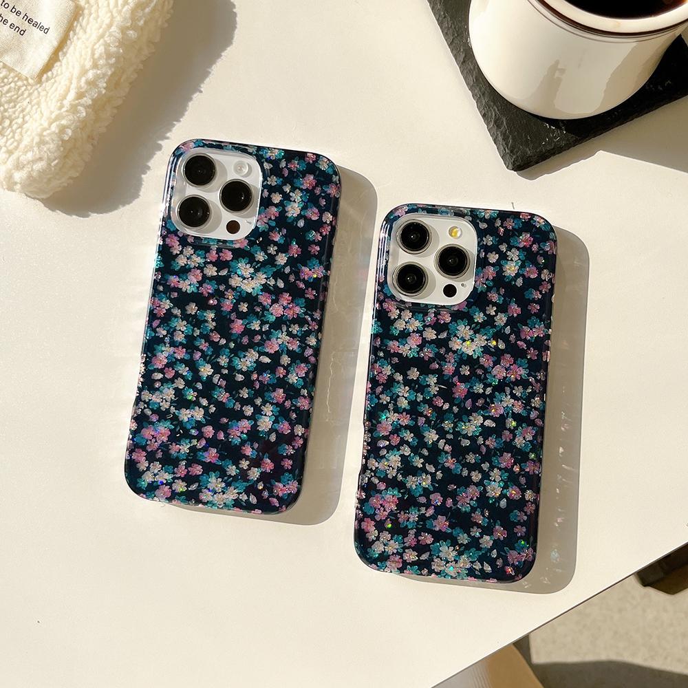 Glitter Charming Vintage Dark Green Background Colorful Blooms Floral Phone Case for IPhone 16 15 14 13 17 Pro Max Bling Cover
