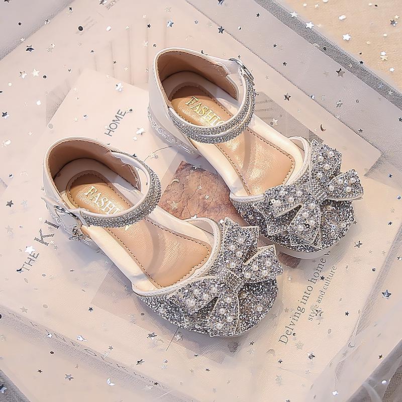Scarpe col tacco alto da bambina argentate con strass, stile principessa - Scarpe eleganti chiuse in punta con fiocco e suola morbida