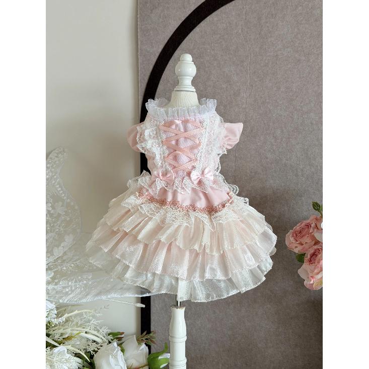 Korean Pink Lovely Pet Dog Clothes Simple Handmade Cotton Lace Party Princess Dresses for Small Medium Dog Poodle Puppy Overalls