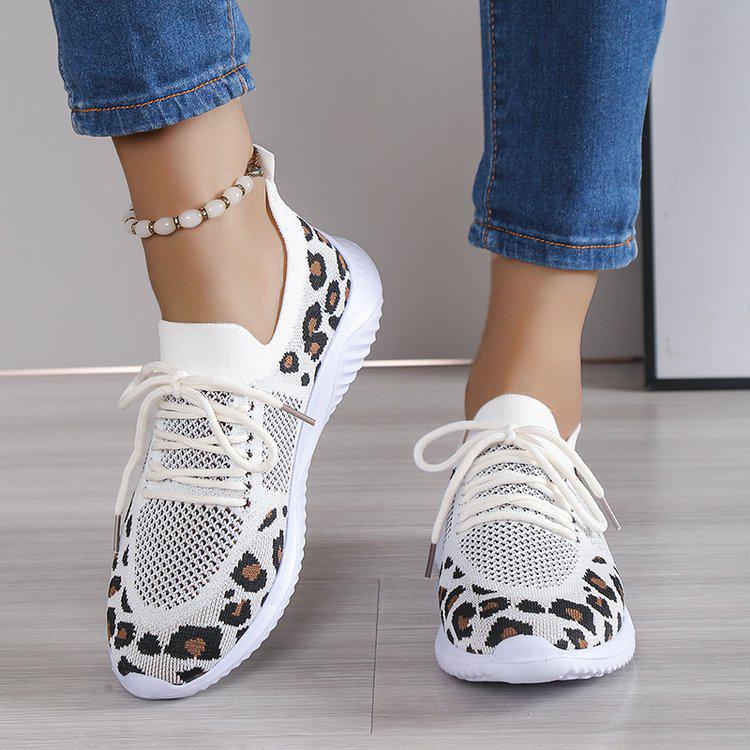 Plus Size Women's Leopard Print Flyknit Wedge Heel Casual Shoes - 2023 Spring/Autumn Collection